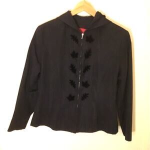 Vintage Kenzo moire Navy Blue Hooded Evening Jacket W/Velvet leaf appliqués